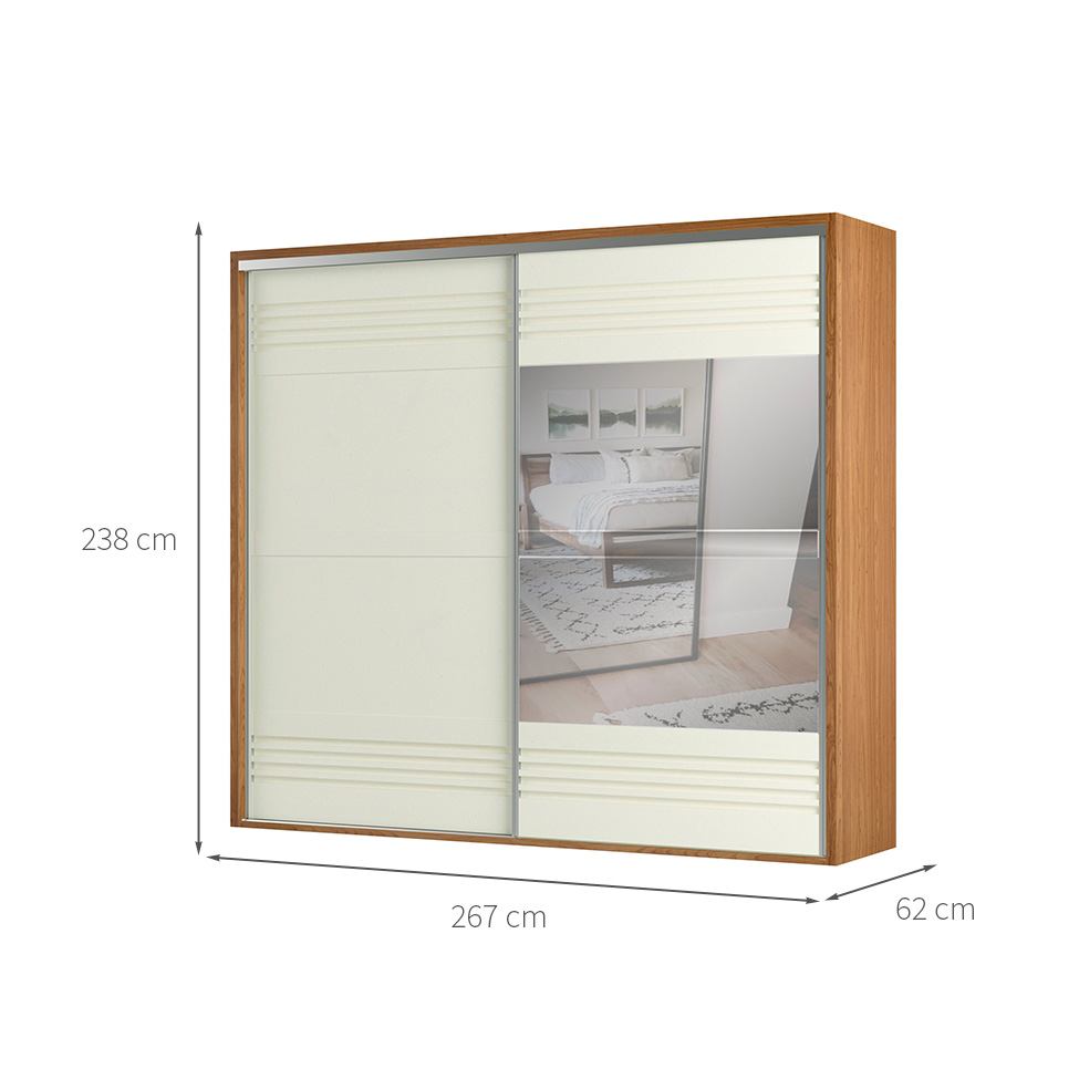 Guarda-Roupa Casal com Espelho Girona 100% MDF 2 Portas 4 Gavetas Freijó e Off White
