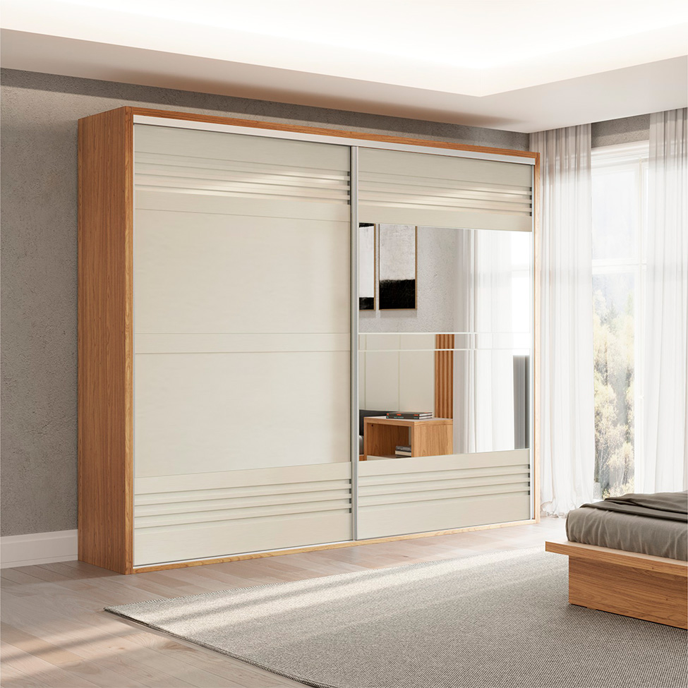 Guarda-Roupa Casal com Espelho Girona 100% MDF 2 Portas 4 Gavetas Freijó e Off White