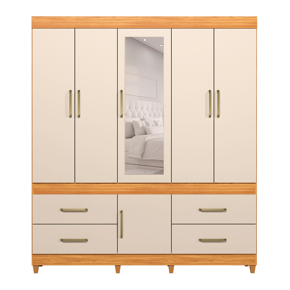 Guarda-Roupa Casal com Espelho Guarujá 6 Portas 4 Gavetas Cinnamon e Off White