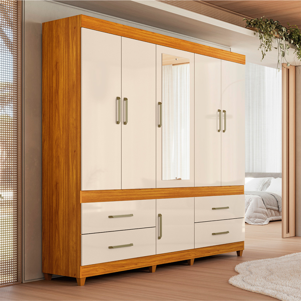 Guarda-Roupa Casal com Espelho Guarujá 6 Portas 4 Gavetas Cinnamon e Off White