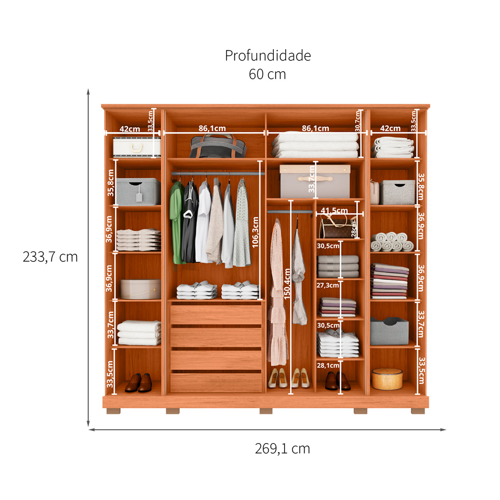 Guarda-Roupa Casal com Espelho Imperial Ripado 6 Portas 4 Gavetas Freijó e Off White