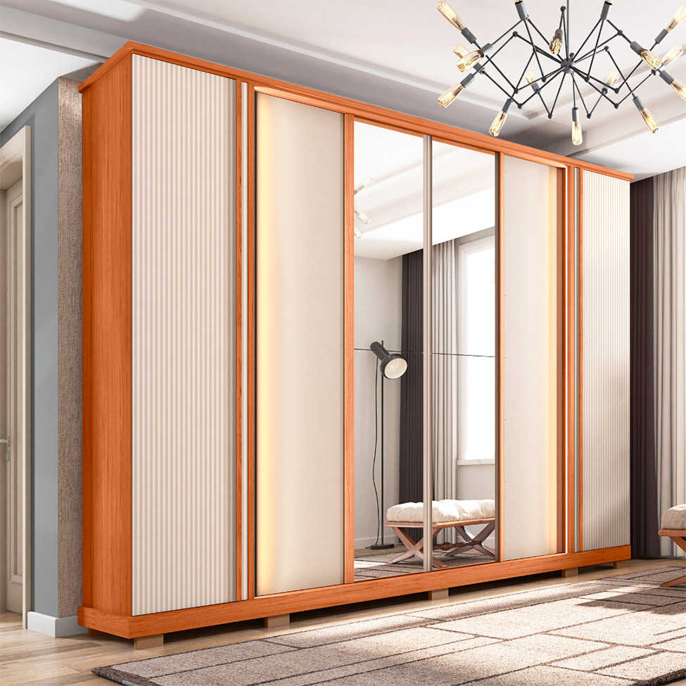 Guarda-Roupa Casal com Espelho Imperial Ripado 6 Portas 4 Gavetas Freijó e Off White