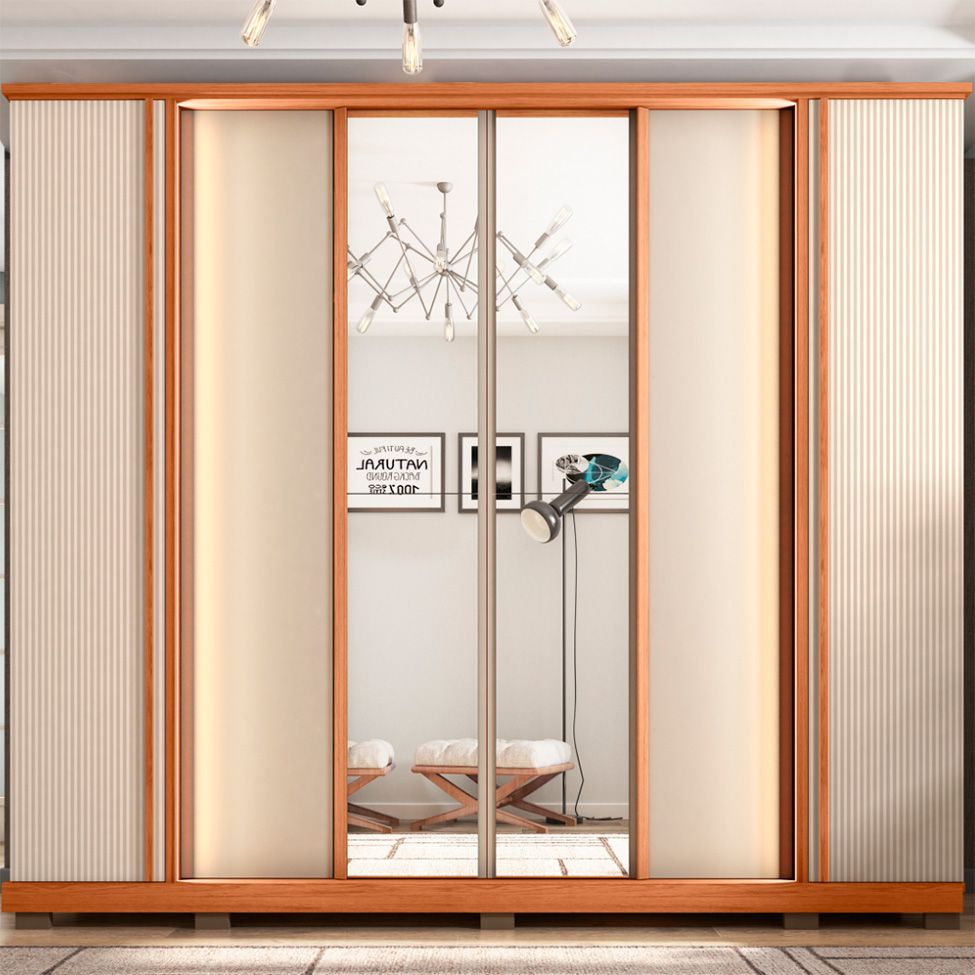 Guarda-Roupa Casal com Espelho Imperial Ripado 6 Portas 4 Gavetas Freijó e Off White