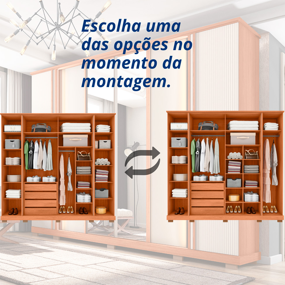 Guarda-Roupa Casal com Espelho Imperial Ripado 6 Portas 4 Gavetas Freijó e Off White