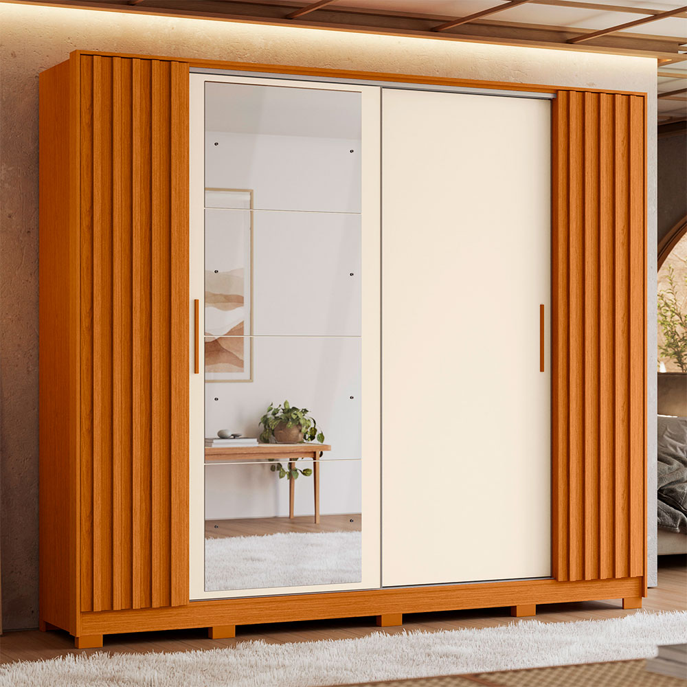 Guarda-Roupa Casal com Espelho Jacarandá Flex 4 Portas 4 Gavetas Cinamomo e Off White