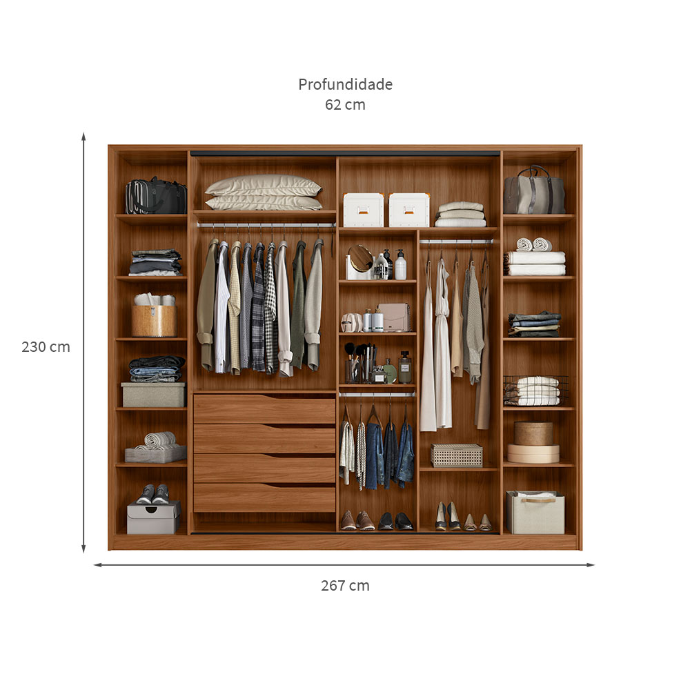 Guarda-Roupa Casal com Espelho Laredo 4 Portas 4 Gavetas Nogueira e Preto