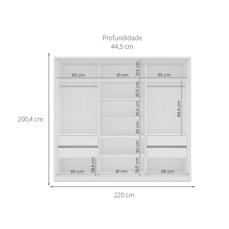 Guarda-Roupa Casal com Espelho Lisboa 3 Portas 4 Gavetas Branco