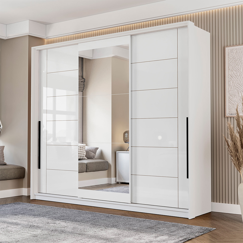 Guarda-Roupa Casal com Espelho Lisboa 3 Portas 4 Gavetas Branco