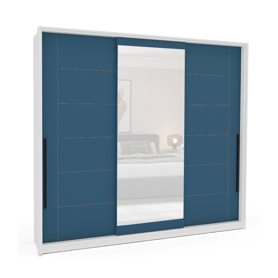 Guarda-Roupa Casal com Espelho Lisboa 3 Portas 4 Gavetas Branco e Azul