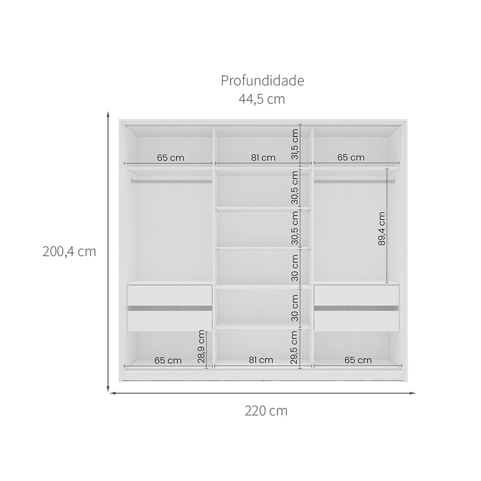 Guarda-Roupa Casal com Espelho Lisboa 3 Portas 4 Gavetas Branco e Cinza