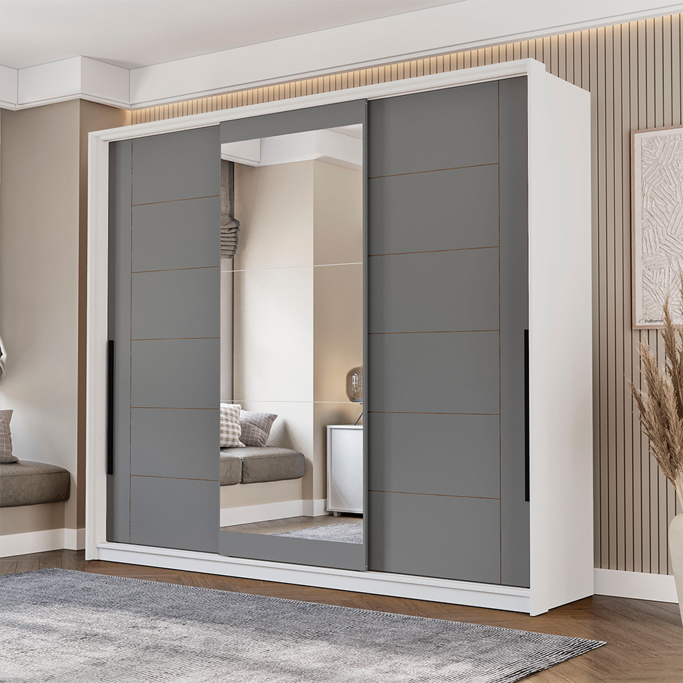 Guarda-Roupa Casal com Espelho Lisboa 3 Portas 4 Gavetas Branco e Cinza
