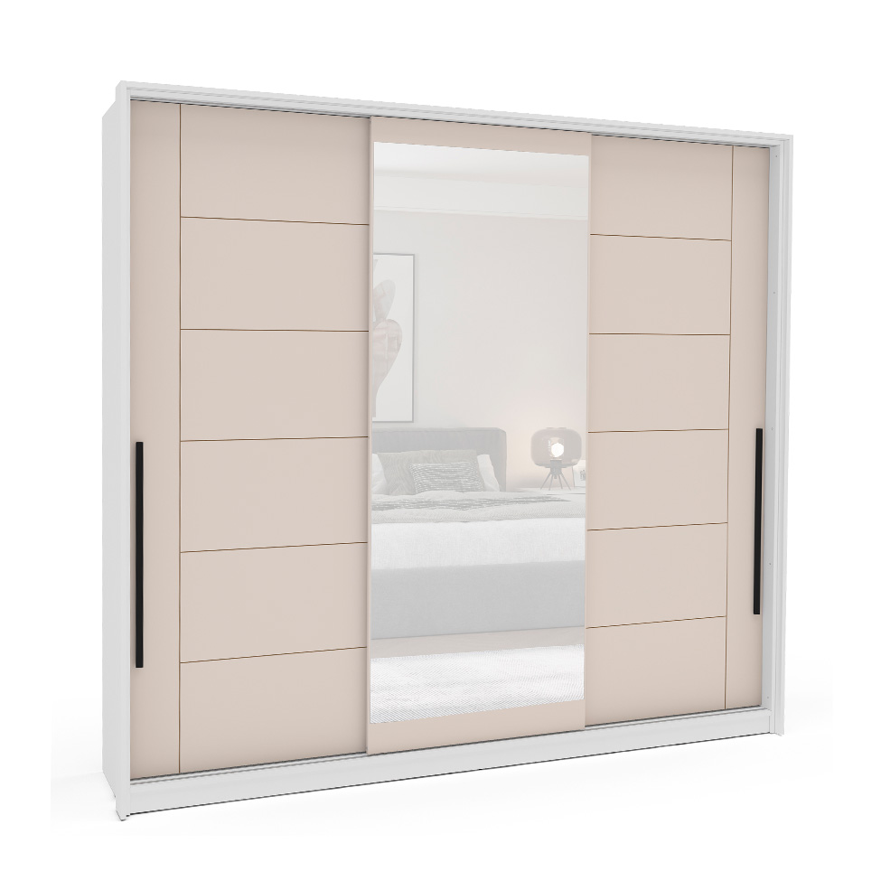 Guarda-Roupa Casal com Espelho Lisboa 3 Portas 4 Gavetas Branco e Creme
