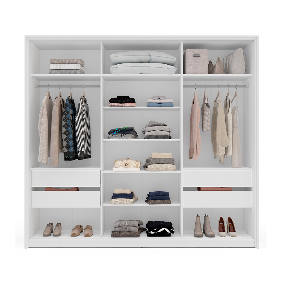 Guarda-Roupa Casal com Espelho Lisboa 3 Portas 4 Gavetas Branco e Creme