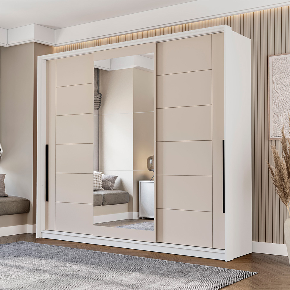 Guarda-Roupa Casal com Espelho Lisboa 3 Portas 4 Gavetas Branco e Creme