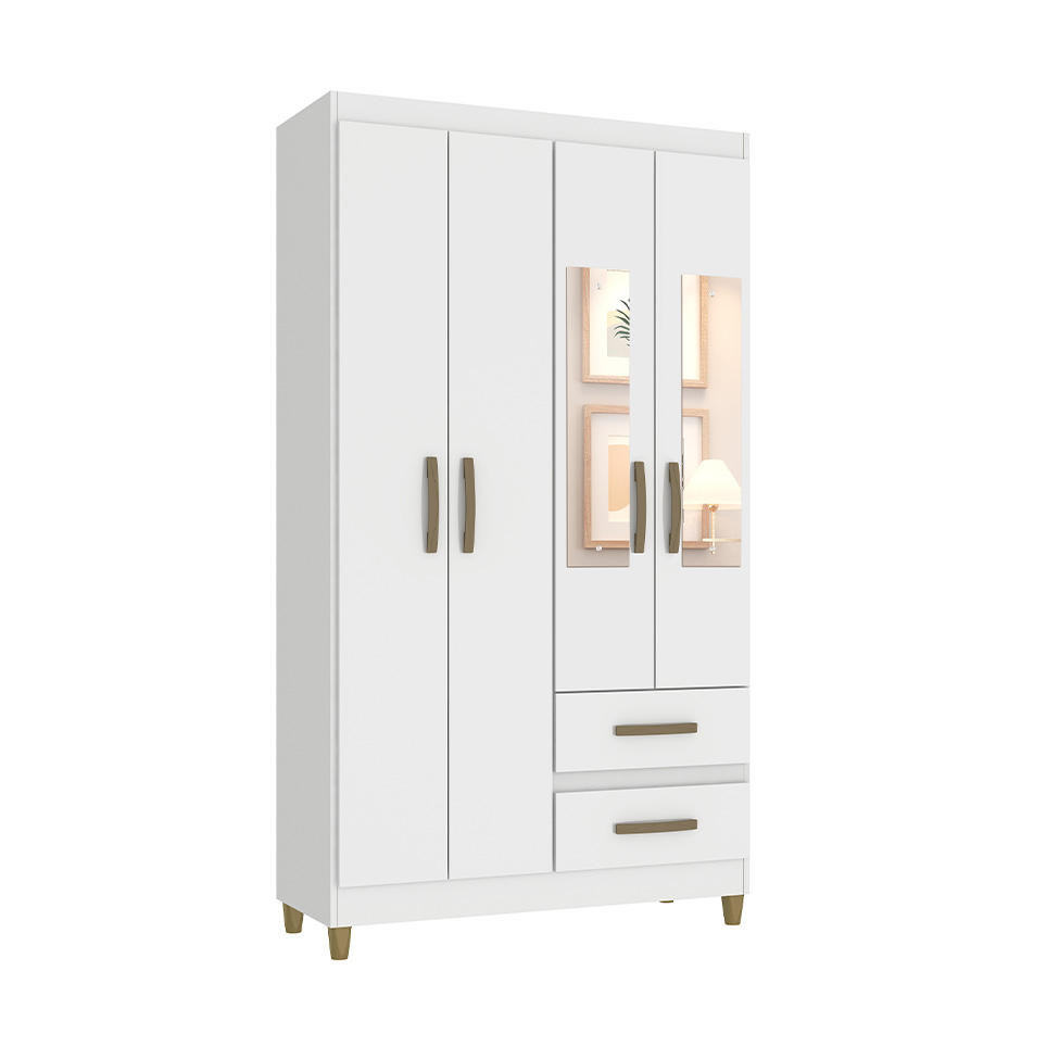 Guarda-Roupa Casal com Espelho Lisboa 4 Portas 2 Gavetas Branco