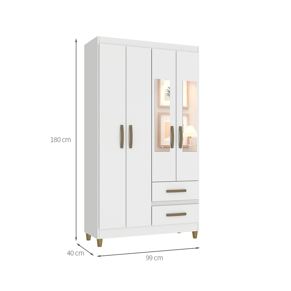 Guarda-Roupa Casal com Espelho Lisboa 4 Portas 2 Gavetas Branco
