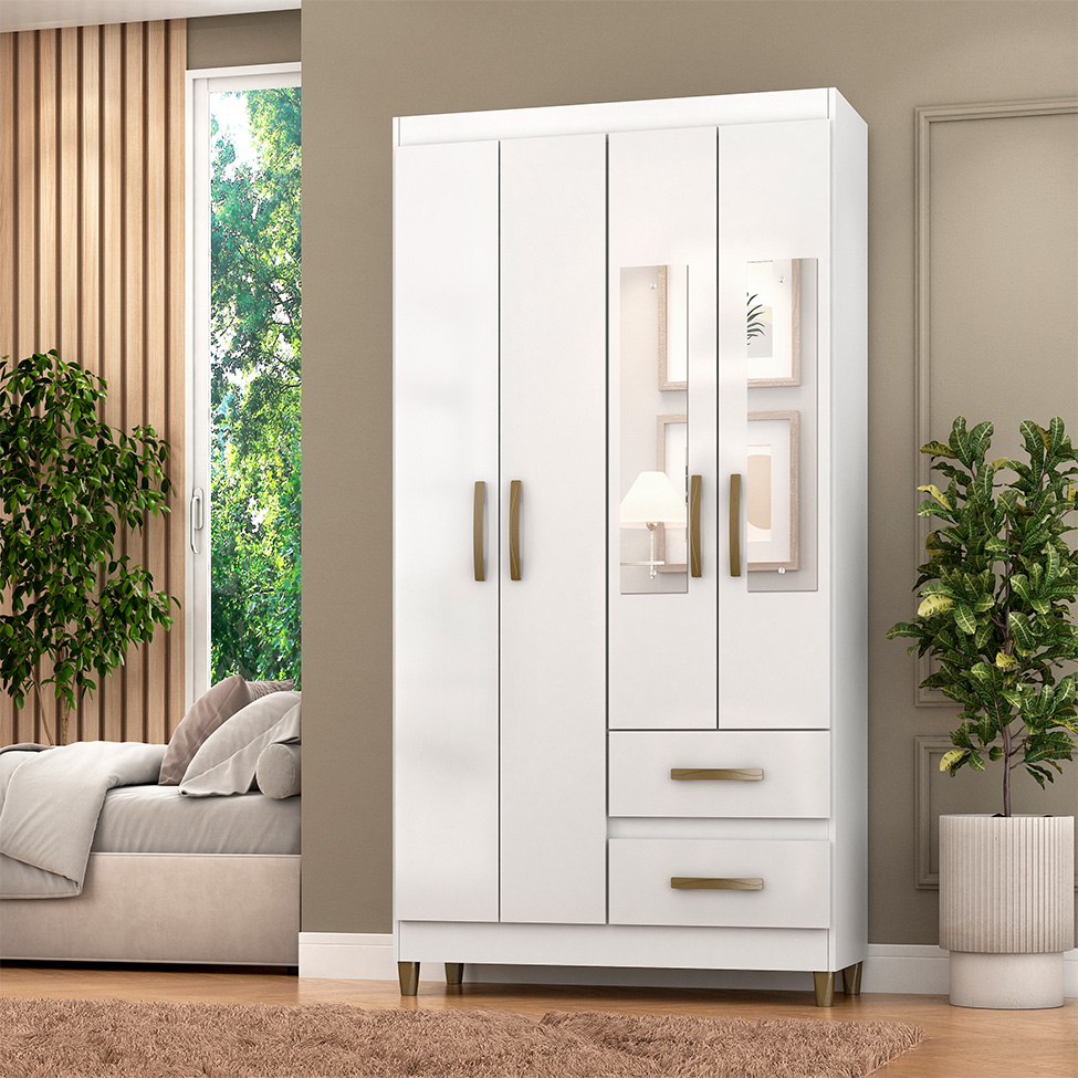 Guarda-Roupa Casal com Espelho Lisboa 4 Portas 2 Gavetas Branco