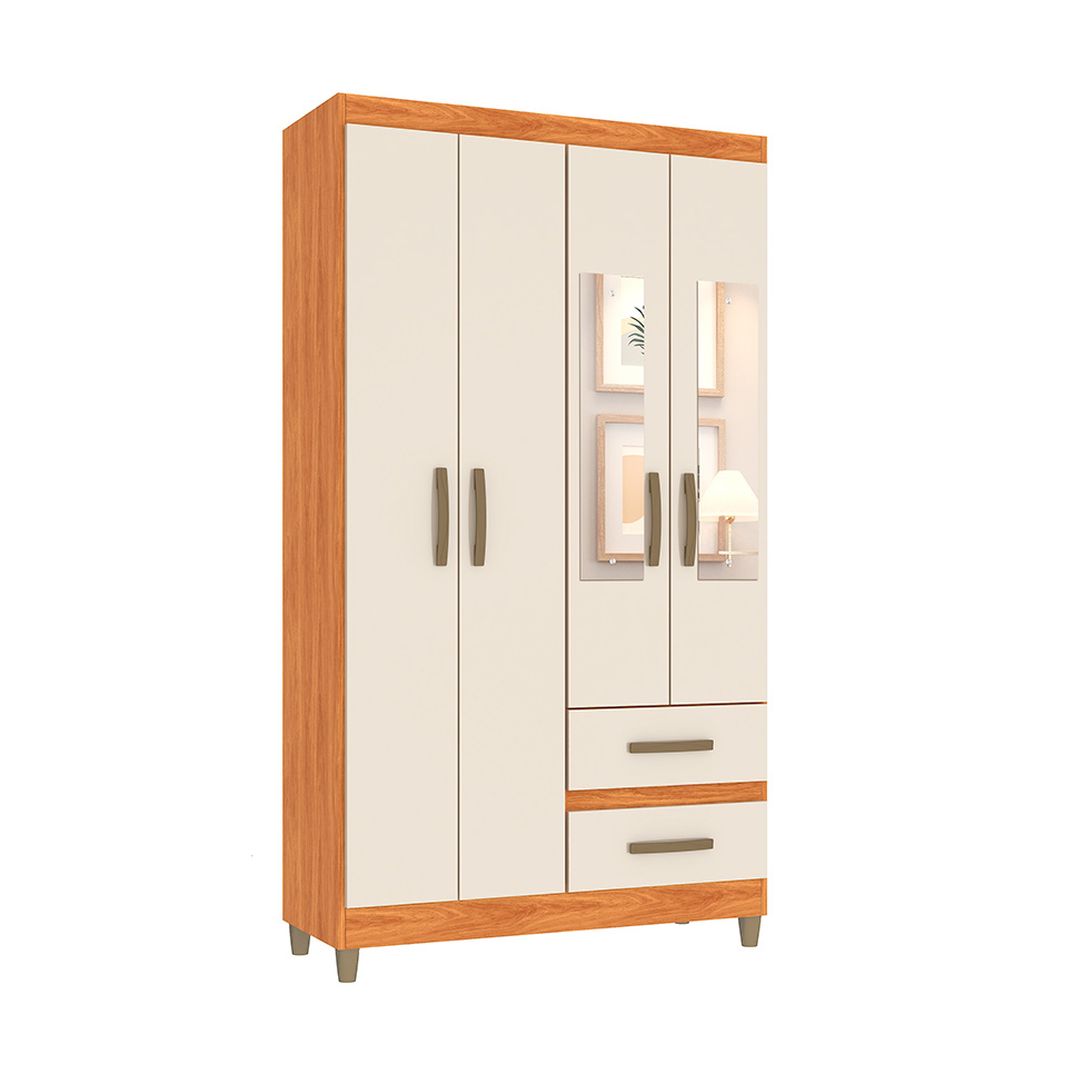 Guarda-Roupa Casal com Espelho Lisboa 4 Portas 2 Gavetas Cinamomo e Off White