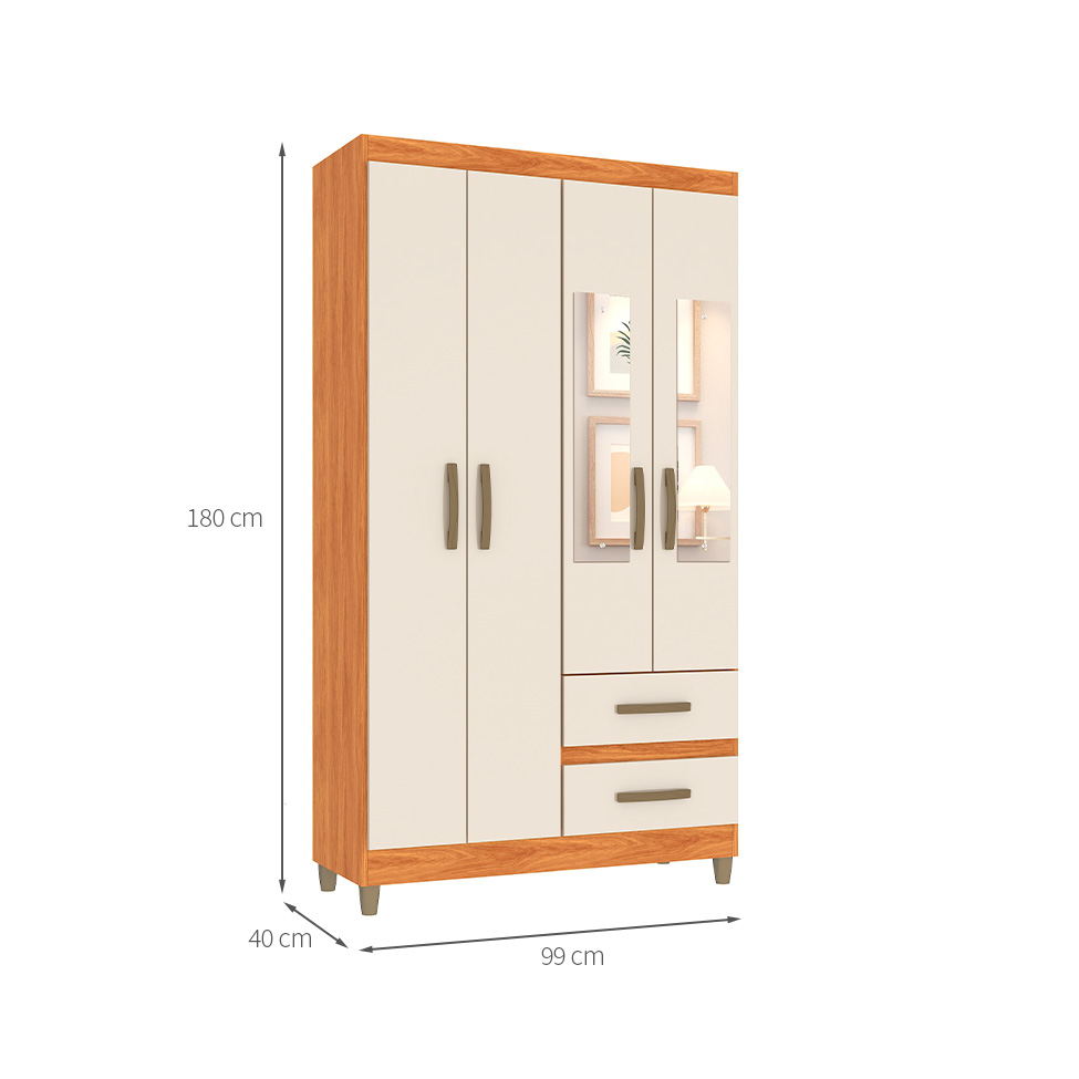Guarda-Roupa Casal com Espelho Lisboa 4 Portas 2 Gavetas Cinamomo e Off White