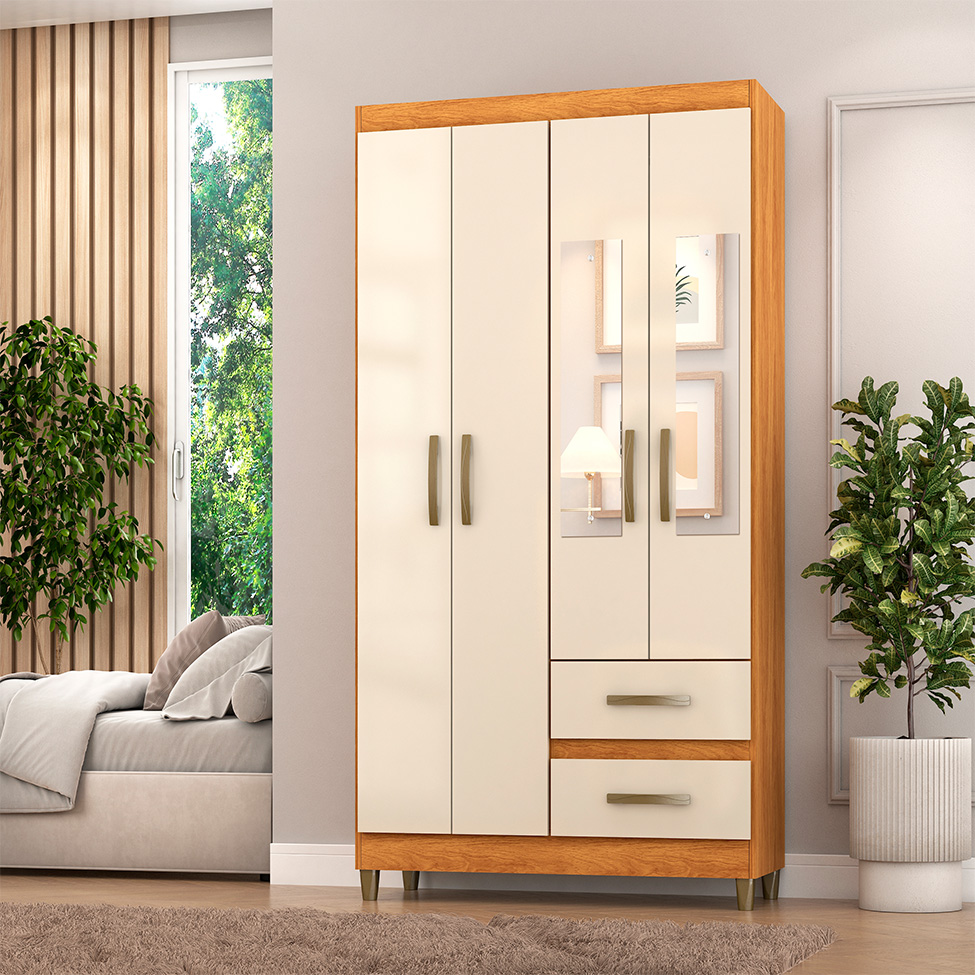 Guarda-Roupa Casal com Espelho Lisboa 4 Portas 2 Gavetas Cinamomo e Off White