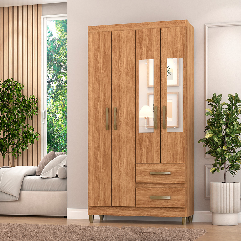 Guarda-Roupa Casal com Espelho Lisboa 4 Portas 2 Gavetas Mel