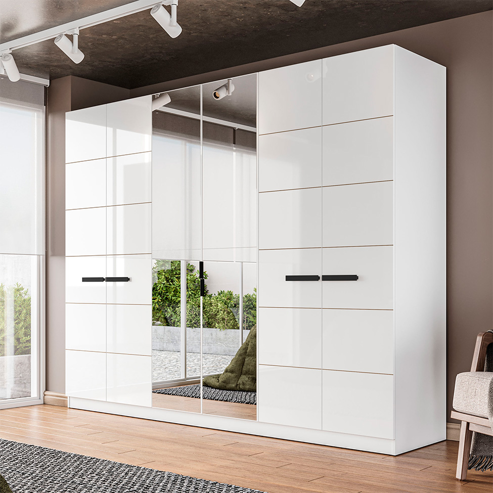 Guarda-Roupa Casal com Espelho Lisboa 6 Portas 4 Gavetas Branco