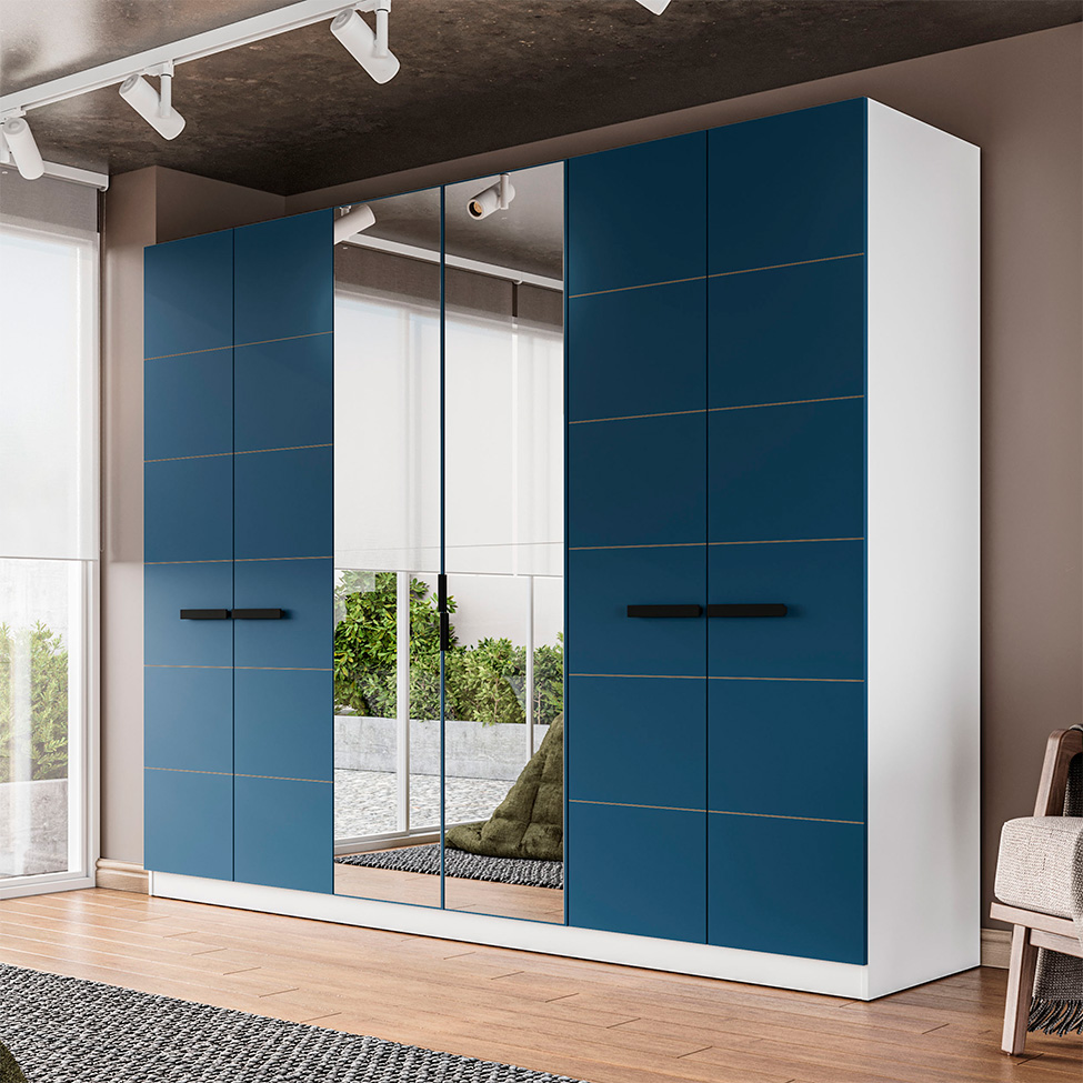 Guarda-Roupa Casal com Espelho Lisboa 6 Portas 4 Gavetas Branco e Azul