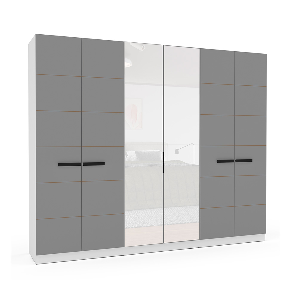 Guarda-Roupa Casal com Espelho Lisboa 6 Portas 4 Gavetas Branco e Cinza