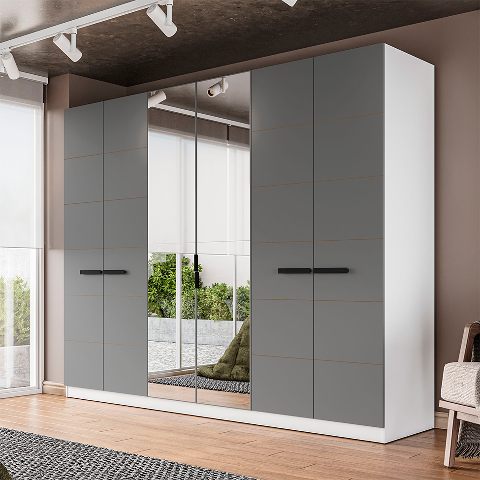 Guarda-Roupa Casal com Espelho Lisboa 6 Portas 4 Gavetas Branco e Cinza