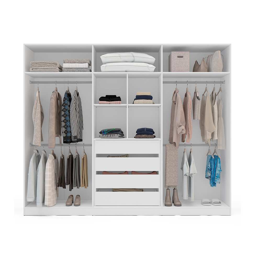Guarda-Roupa Casal com Espelho Lisboa 6 Portas 4 Gavetas Branco e Creme
