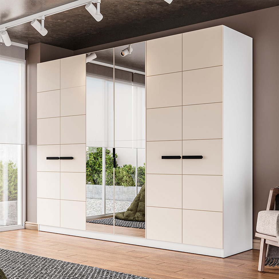 Guarda-Roupa Casal com Espelho Lisboa 6 Portas 4 Gavetas Branco e Creme