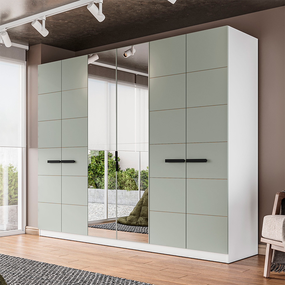 Guarda-Roupa Casal com Espelho Lisboa 6 Portas 4 Gavetas Branco e Verde