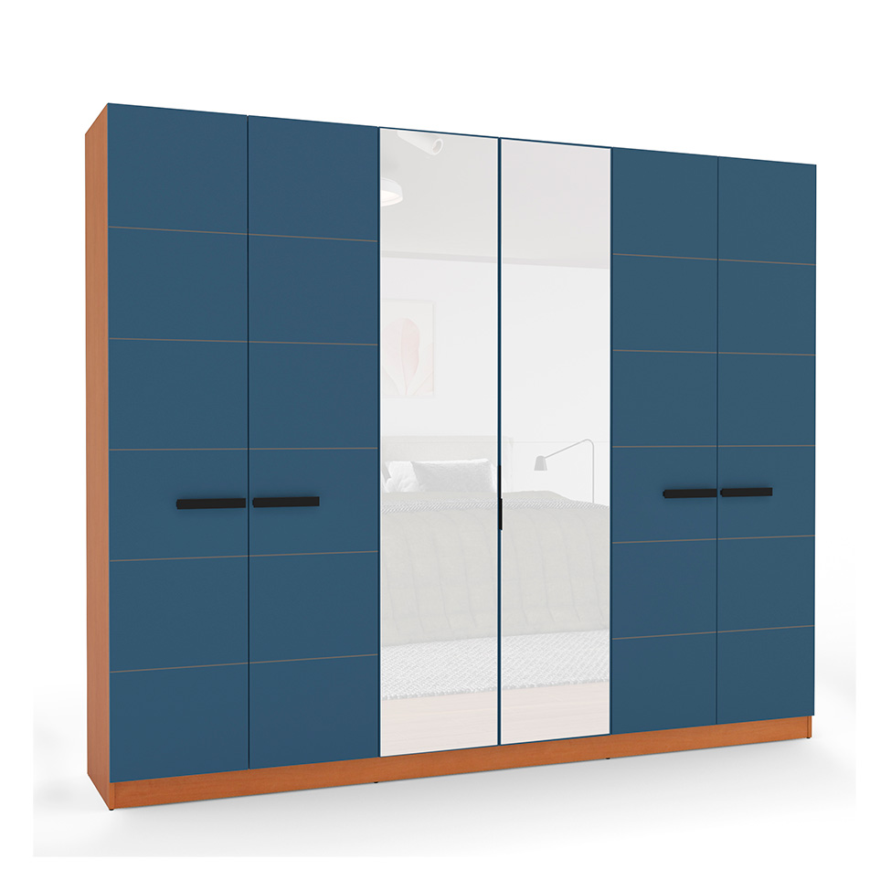 Guarda-Roupa Casal com Espelho Lisboa 6 Portas 4 Gavetas Freijó e Azul
