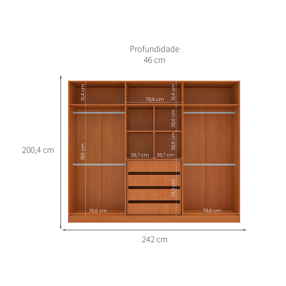 Guarda-Roupa Casal com Espelho Lisboa 6 Portas 4 Gavetas Freijó e Branco