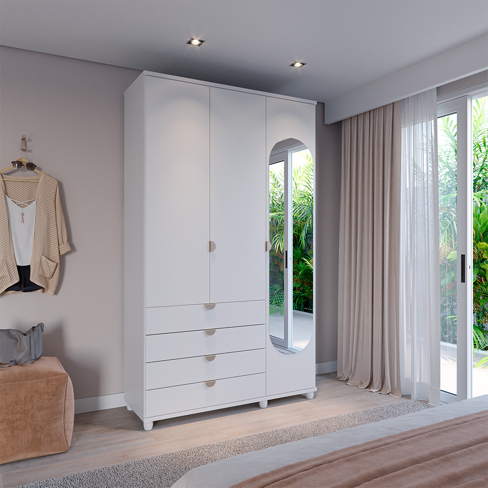 Guarda-Roupa Casal com Espelho Look 3 Portas 4 Gavetas Branco