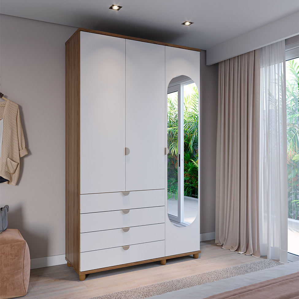 Guarda-Roupa Casal com Espelho Look 3 Portas 4 Gavetas Branco e Freijó