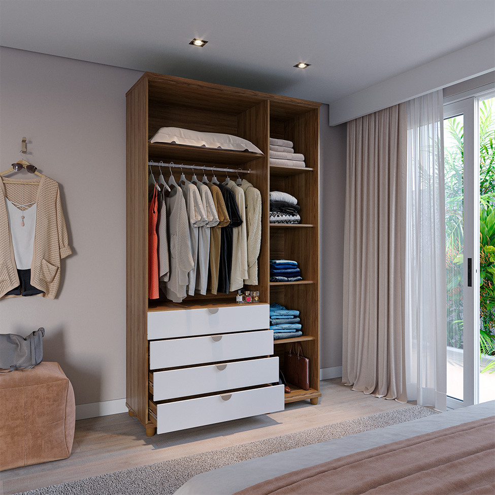 Guarda-Roupa Casal com Espelho Look 3 Portas 4 Gavetas Branco e Freijó