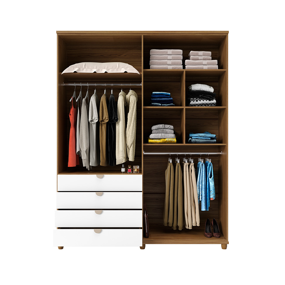 Guarda-Roupa Casal com Espelho Look 4 Portas 4 Gavetas Branco e Freijó