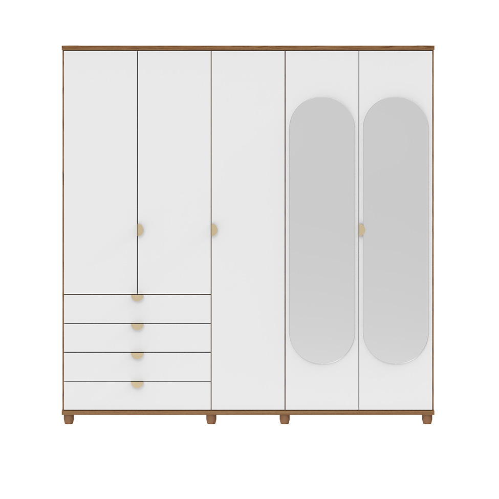 Guarda-Roupa Casal com Espelho Look 5 Portas 4 Gavetas Branco e Freijó