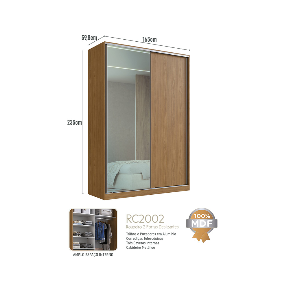 Guarda-Roupa Casal com Espelho Madê 2 Portas 3 Gavetas Freijó