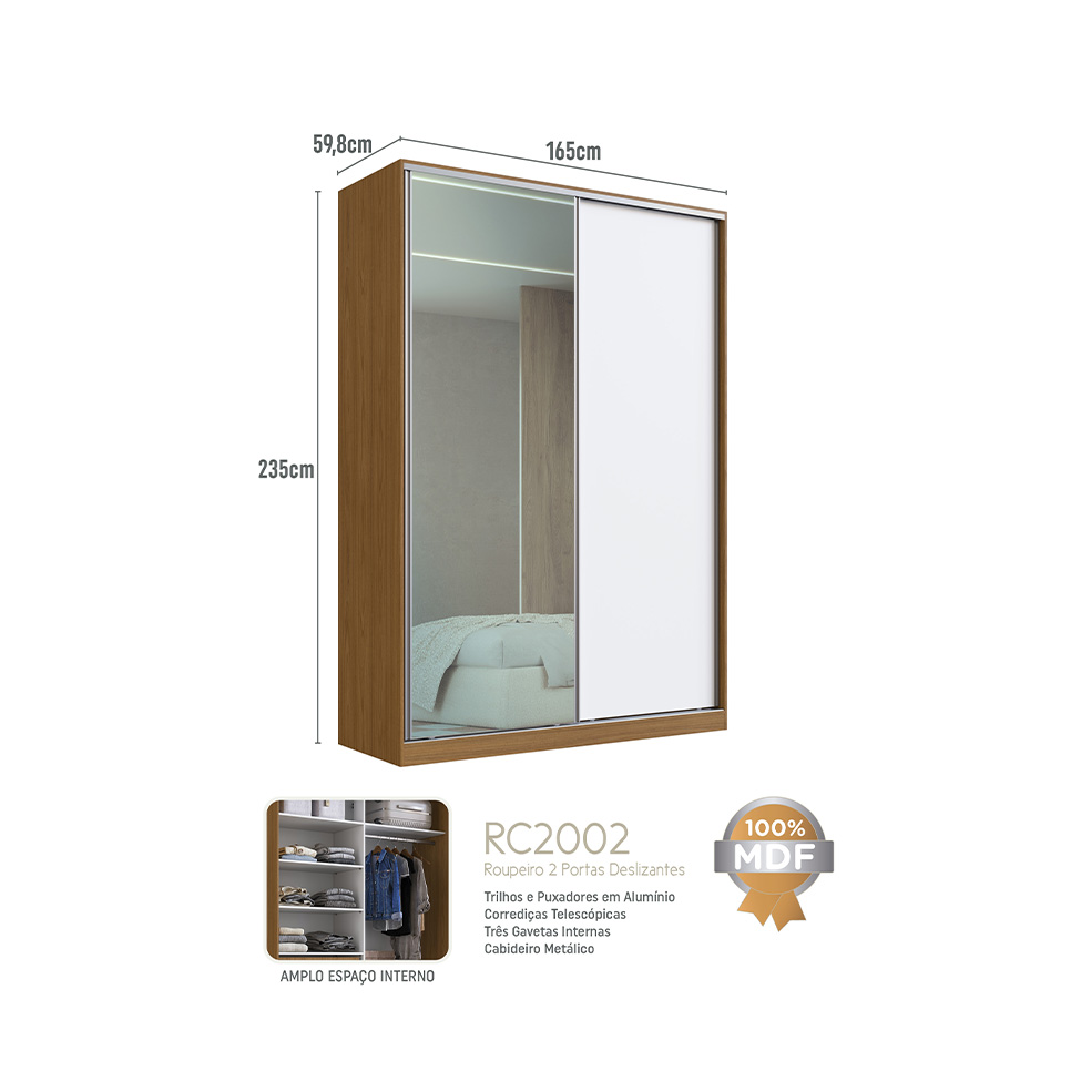 Guarda-Roupa Casal com Espelho Madê 2 Portas 3 Gavetas Freijó e Branco