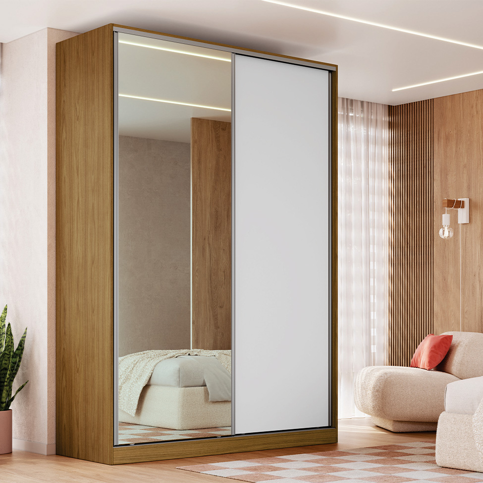 Guarda-Roupa Casal com Espelho Madê 2 Portas 3 Gavetas Freijó e Branco