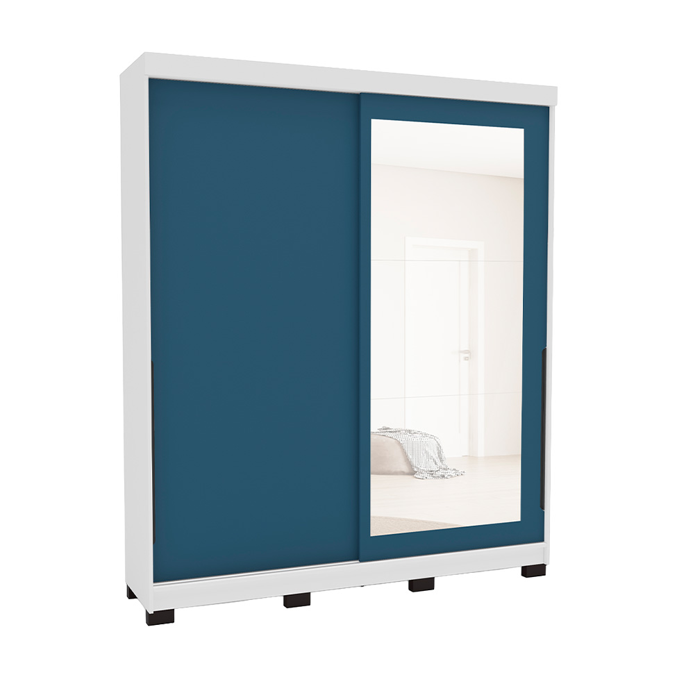 Guarda-Roupa Casal com Espelho Madrid 2 Portas 2 Gavetas Branco e Azul