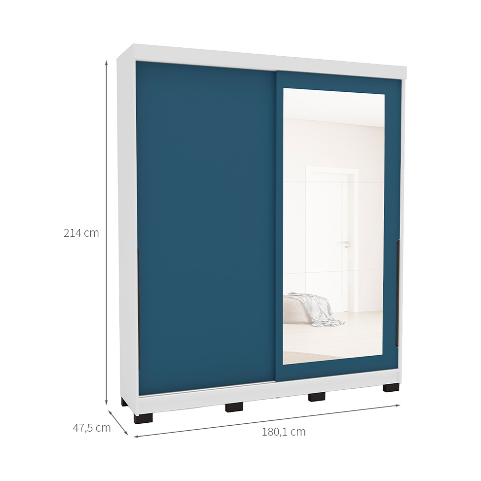 Guarda-Roupa Casal com Espelho Madrid 2 Portas 2 Gavetas Branco e Azul