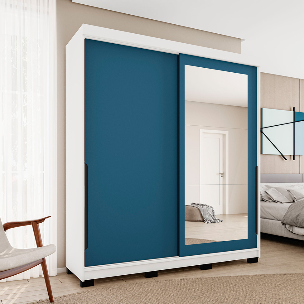 Guarda-Roupa Casal com Espelho Madrid 2 Portas 2 Gavetas Branco e Azul