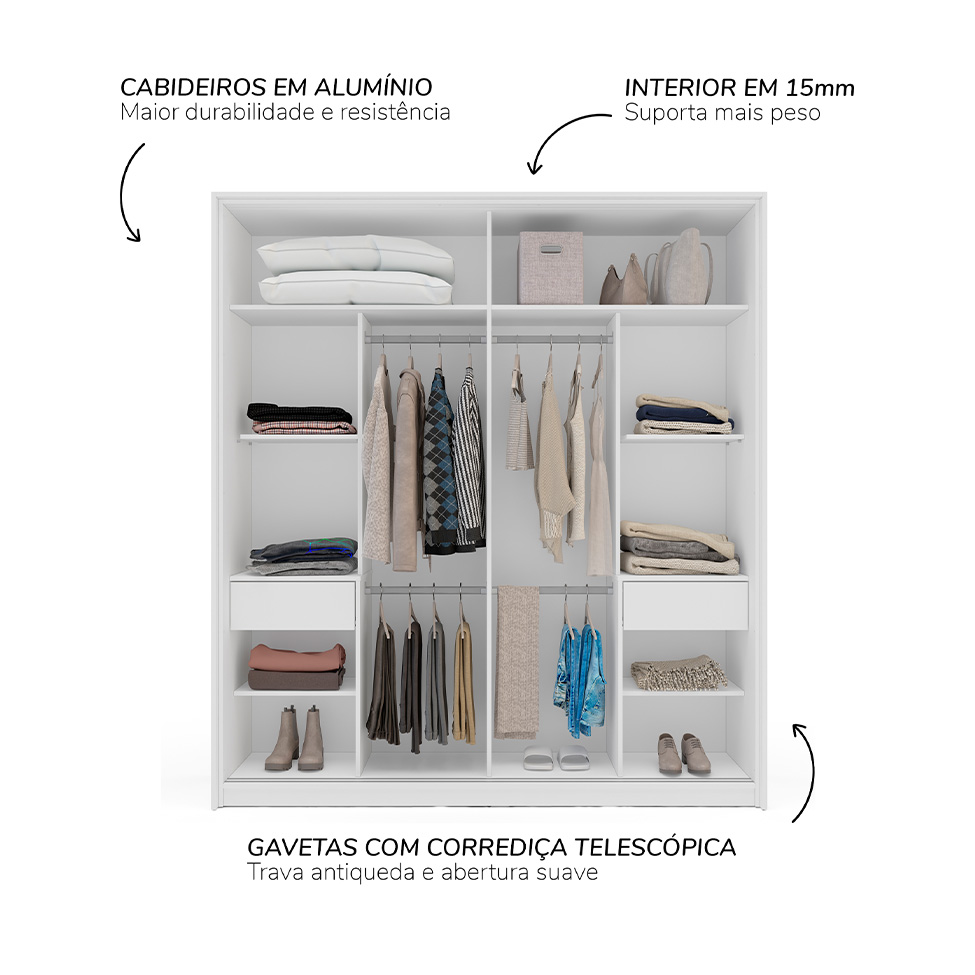 Guarda-Roupa Casal com Espelho Madrid 2 Portas 2 Gavetas Branco e Azul