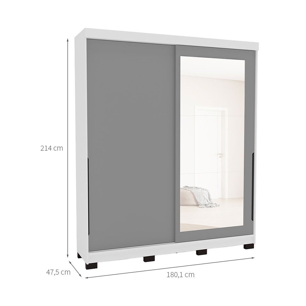 Guarda-Roupa Casal com Espelho Madrid 2 Portas 2 Gavetas Branco e Cinza