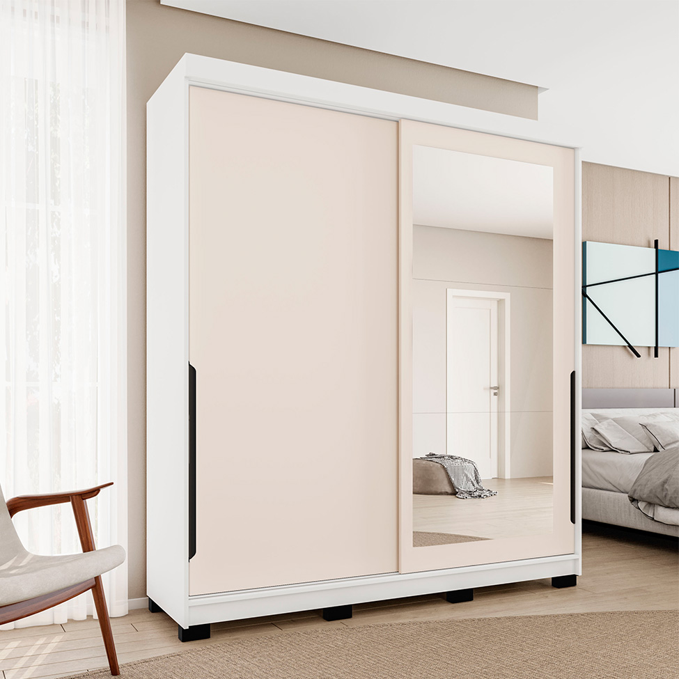 Guarda-Roupa Casal com Espelho Madrid 2 Portas 2 Gavetas Branco e Creme