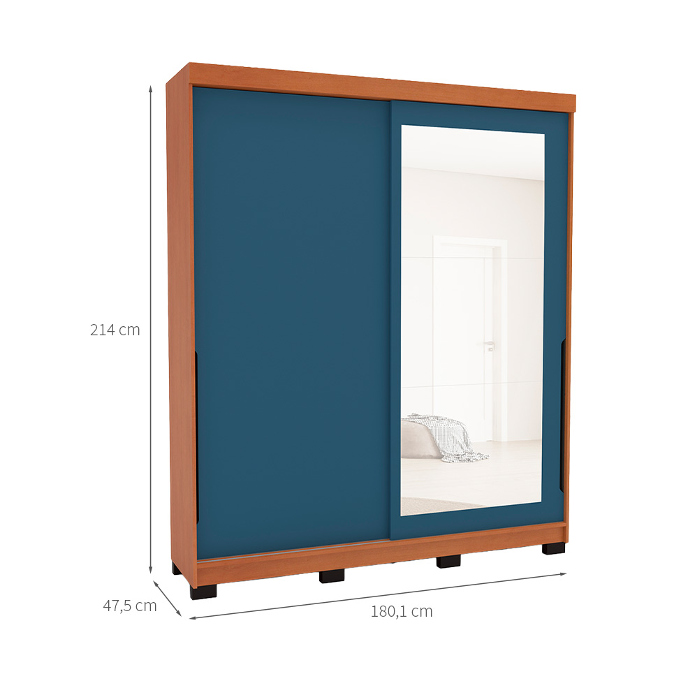 Guarda-Roupa Casal com Espelho Madrid 2 Portas 2 Gavetas Freijó e Azul