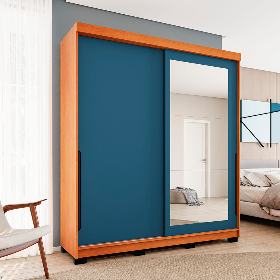 Guarda-Roupa Casal com Espelho Madrid 2 Portas 2 Gavetas Freijó e Azul